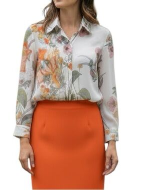 Floral Print Button-Down Blouse in White and Orange Accents